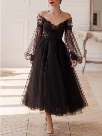 A-line/Princess V-neck Long sleeved Ankle Evening Dress