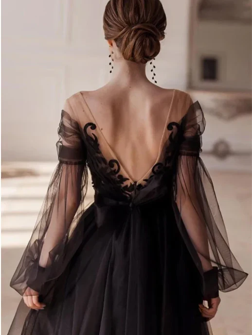 A-line/Princess V-neck Long sleeved Ankle Evening Dress