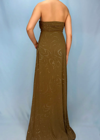 Vintage Matcha Green Strapless Satin Sequin Mermaid Evening Dress Long Birthday Party Gown