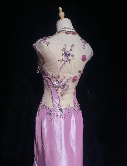 Unique Purple Satin Pleated Beaded Mermaid Evening Dress Long Birthday Prom Gowns SP1784