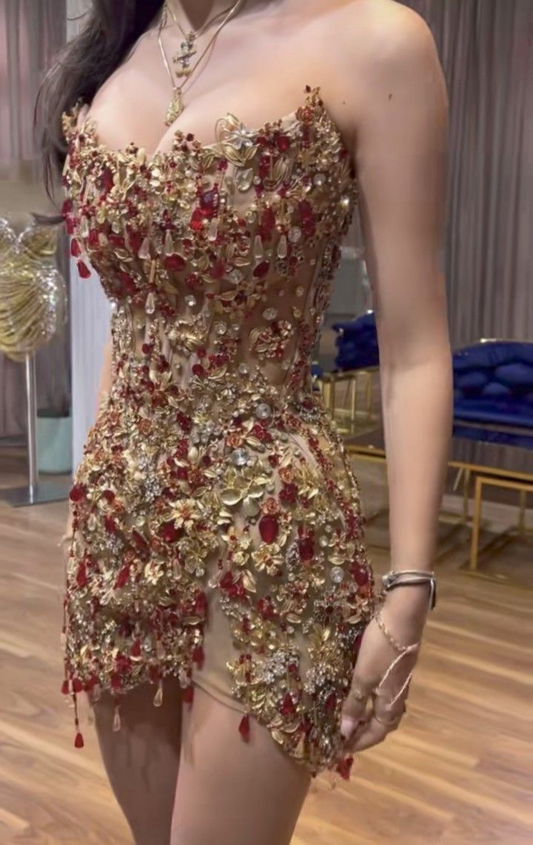 Luxurious Sheath Strapless Beads Gold Mini Short 8th Grade Homecoming Dress Cocktail Dress Y8995