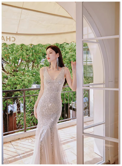 Glitter V Neck Champagne Silver Sequin Tulle Mermaid Long Evening Dress Party Gown
