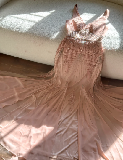 Pretty Pink V Neck Chiffon Beaded Mermaid Long Evening Dress Birthyday Prom Gowns
