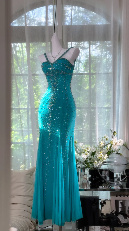 Sparkly Straps Blue Chiffon Beaded Mermaid Evening Dress Long Party Gown