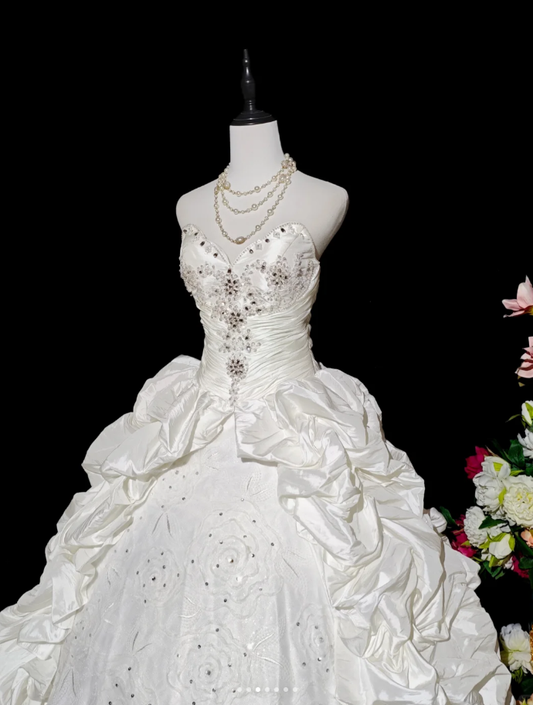 Retro Strapless Satin Pleated Beaded Ball Gown White Birthday Quinceanera Dress