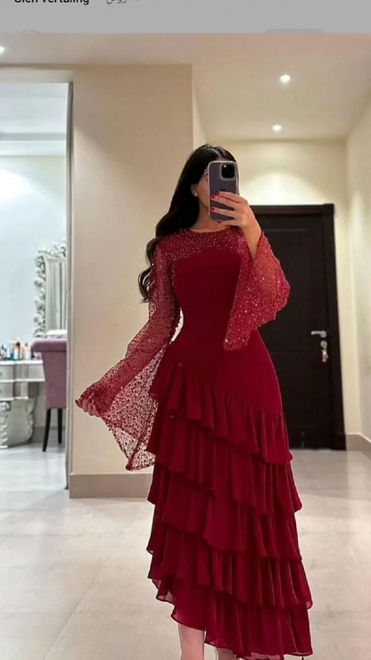 Beautiful Sequins Chiffon Prom Dress Layered Long Party Gown cc2007