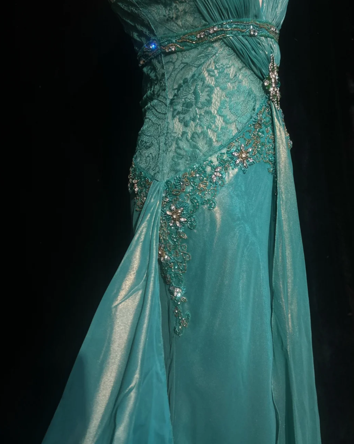 Vintage Spaghetti Straps Green Satin Lace Beaded Mermaid Long Party Dress Birthday Dress SP1817