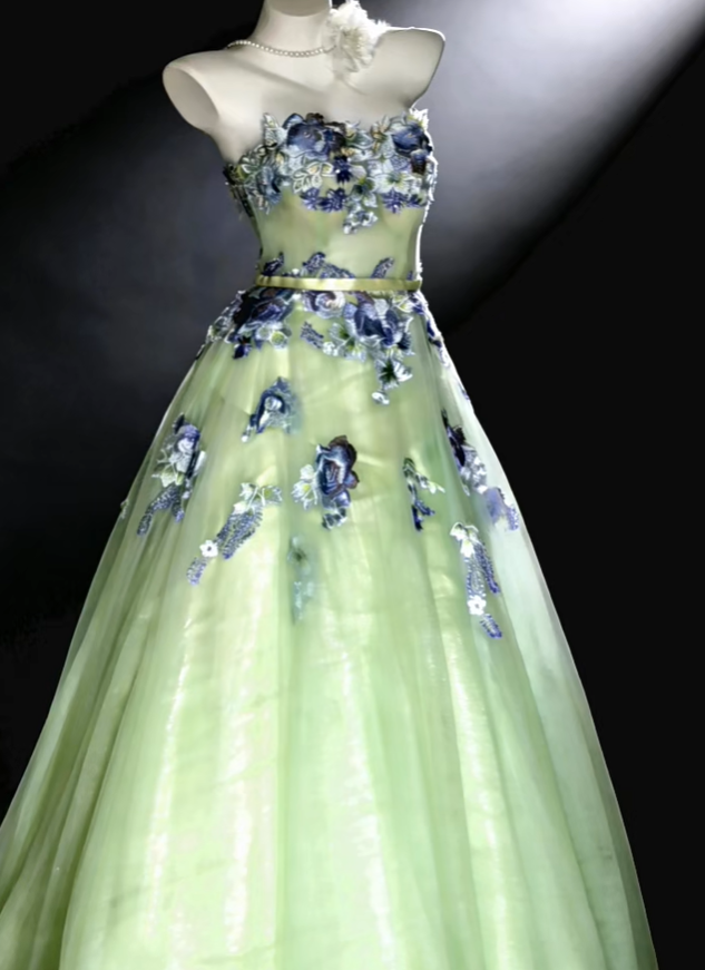 Fairy Strapless Ball Gown Green Tulle Embroidery Appliques Long Birthday Party Dress Prom Gown SP1853