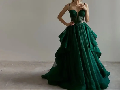 Sparkly Evening Dress Green Corset A-line Evening Gown Y6339