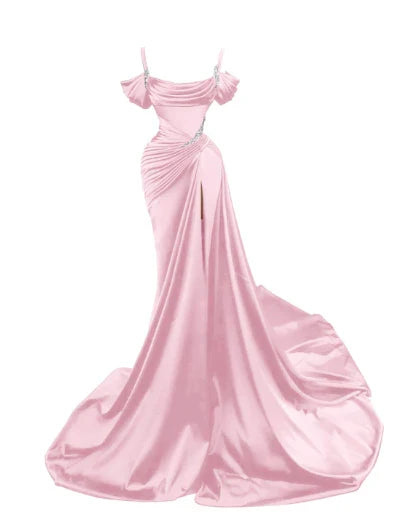 Elegant Mermaid Spaghetti Strap Prom Dress Pleated High Slit Evening Gown Party Dress Long Formal Dress TP4815
