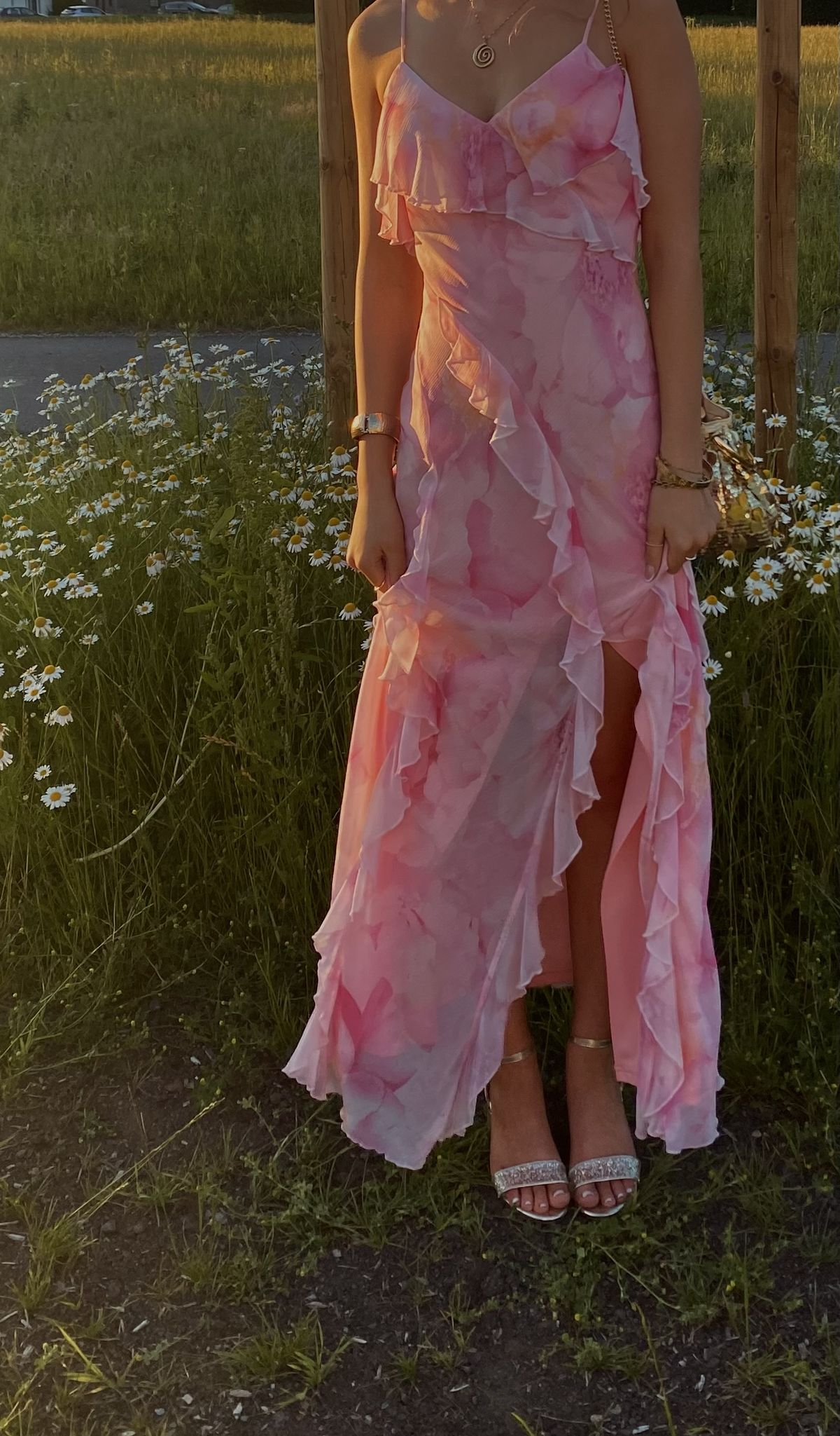 Pretty Spaghetti Straps Pink Chiffon Ruffle Mermaid Long Wedding Guest Dress Formal Birthday Party Dress SP1406