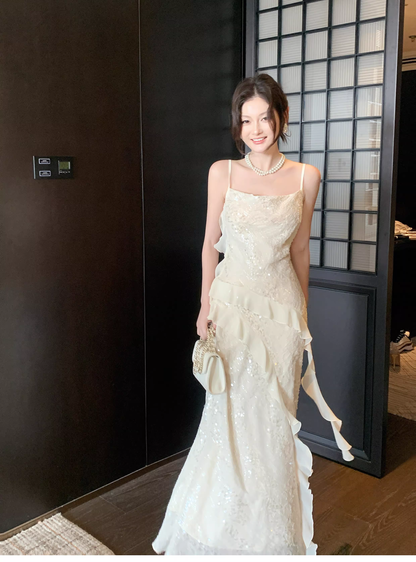Shiny Spaghetti Straps Light Apricot Sequin Ruffles Mermaid Long Wedding Guest Dress Formal Birthday Prom Dress Party Gown SP1496