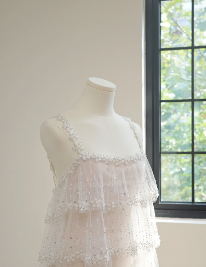 Classy Spaghetti Straps Tulle Sequin Beaded Layered Long Birthday Prom Dress Party Gown