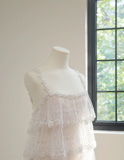 Classy Spaghetti Straps Tulle Sequin Beaded Layered Long Birthday Prom Dress Party Gown