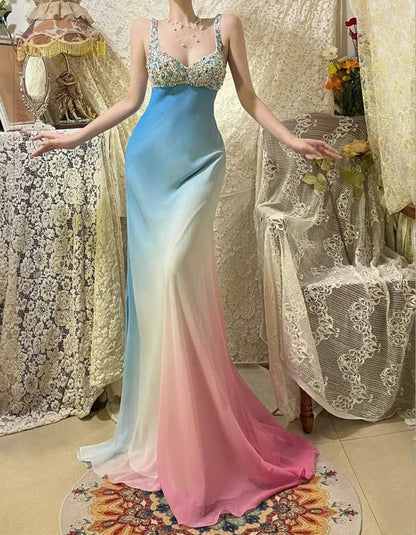 Blue rainbow beaded long chiffon mermaid ball gown evening dress party dress gh4437