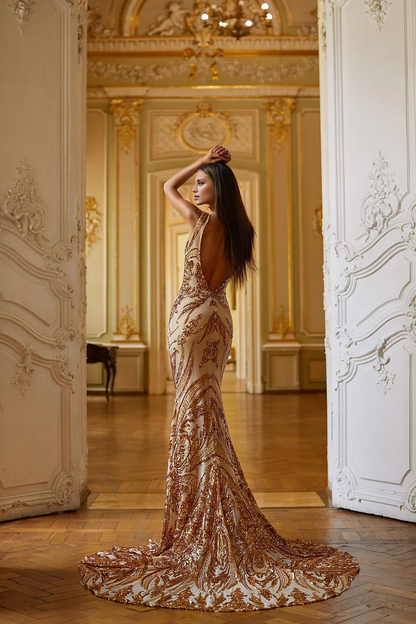 Mermaid deep V-neck sleeveless sequined backless and floor length Prom dress