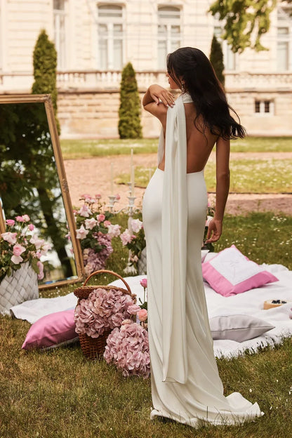 Mermaid scarf collar sleeveless backless and floor length Prom dress