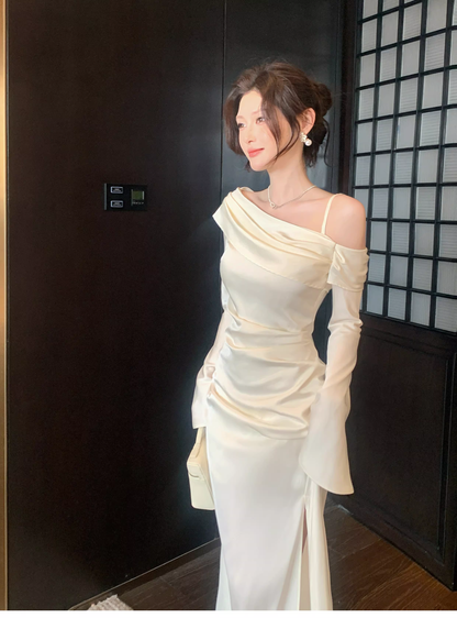 Classy Light Apricot Off The Shoulder Mermaid Slit Long Party Dress Prom Gown Formal Wedding Guest Dress SP1494