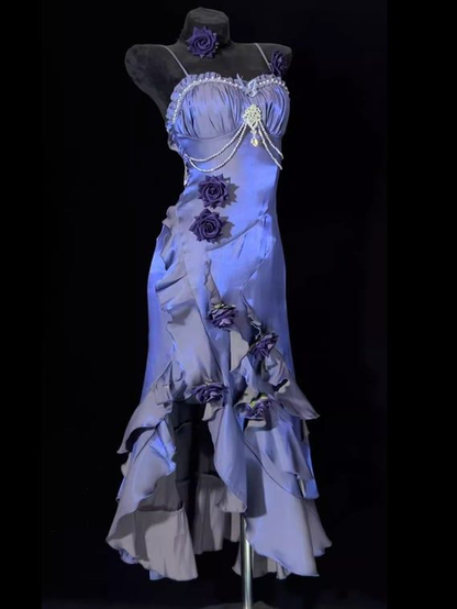 Unique Purple Mermaid 3D Flowers Evening Dress ,Spaghetti Straps Prom Dress Y8347