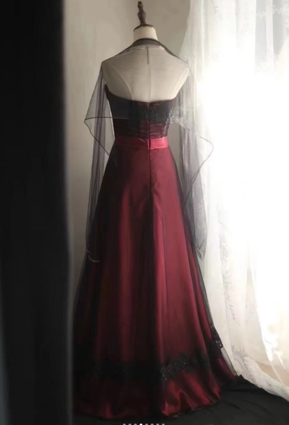 Vintage Burgundy Strapless Satin Tulle Appliques Mermaid Long Party Dress Evening Gown