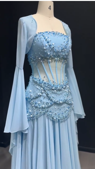 Elegant Blue Chiffon Beaded Long Party Dress Birthday Prom Dress SP1362
