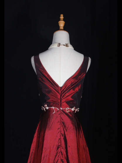 Vintage Burgundy V Neck Satin Appliques Mermaid Long Wedding Guest Dress Formal Evening Gowns