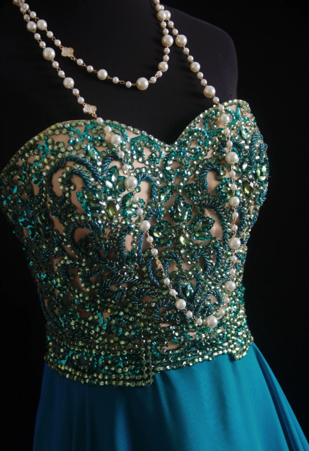 Unique Blue Green Strapless Satin Beaded Long Wedding Guest Dress Formal Birthday Party Dress Prom Gown