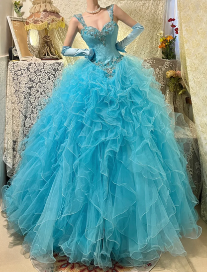Elegant Blue Tulle Beaded Ruffles Long Ball Gown Formal Birthday Quinceanera Dress With Gloves