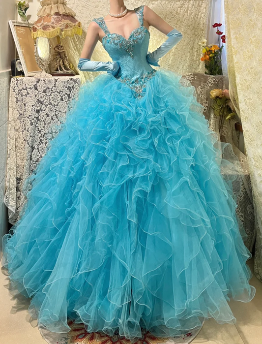Elegant Blue Tulle Beaded Ruffles Long Ball Gown Formal Birthday Quinceanera Dress With Gloves