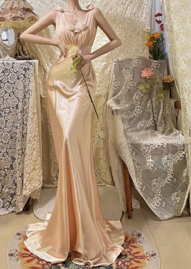 Pretty Pink V Neck Satin Mermaid Long Wedding Guest Dress Formal Birthday Prom Dress Party Gown