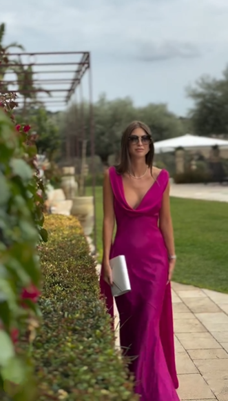 Elegant Hot Pink Satin Mermaid Long Wedding Guest Dress Backless Evening Dress SP1303