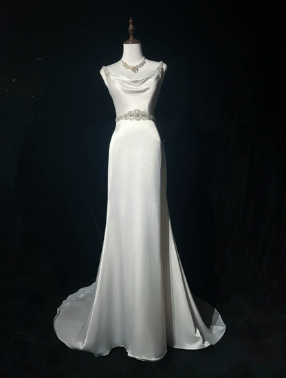 Pretty White Satin Beaded Mermaid Long Wedding Guest Dress Formal Party Dress Evening Gown