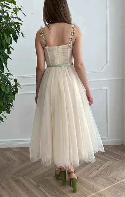 Beige Fairy Tulle Prom Dress  Beads Straps Fairy Prom Gown, Handmade Tea-length A-Line Tulle Ball Gown Wedding Dress c2752