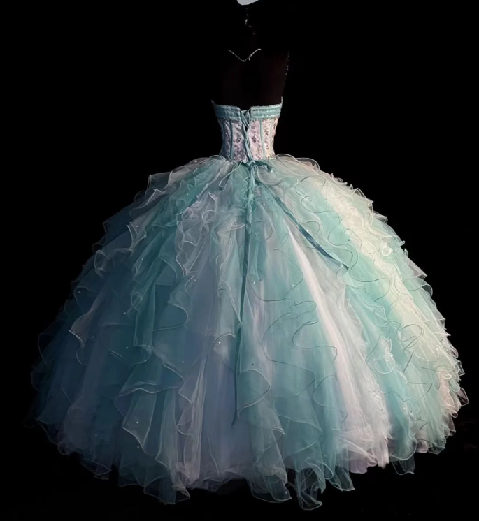 Chic Strapless Tulle Layered Ruffle Beaded Ball Gown Sweet 16 Dress Formal Birthday Quinceanera Dress