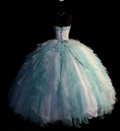 Chic Strapless Tulle Layered Ruffle Beaded Ball Gown Sweet 16 Dress Formal Birthday Quinceanera Dress