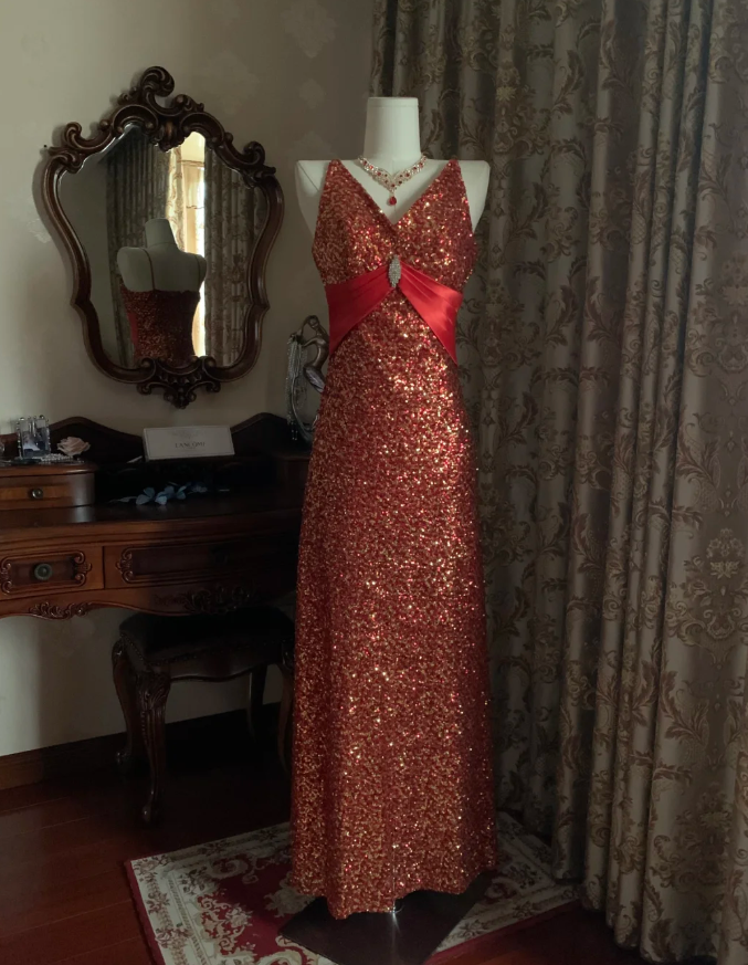Vintage Red V Neck Sequin Beaded Mermaid Party Dress Long Evening Gown
