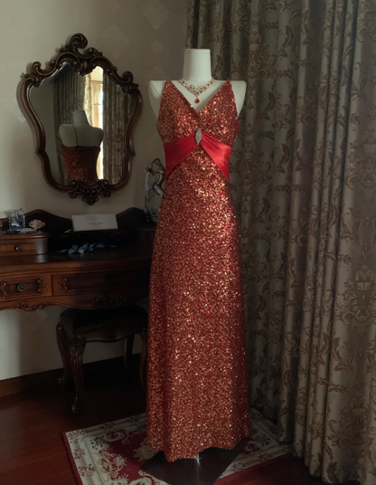 Vintage Red V Neck Sequin Beaded Mermaid Party Dress Long Evening Gown