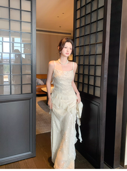 Shiny Spaghetti Straps Light Apricot Sequin Ruffles Mermaid Long Wedding Guest Dress Formal Birthday Prom Dress Party Gown SP1496