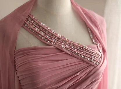 Fairy Pink Chiffon Sequin Beaded Mermaid Long Party Dress Birthday Evening Gown