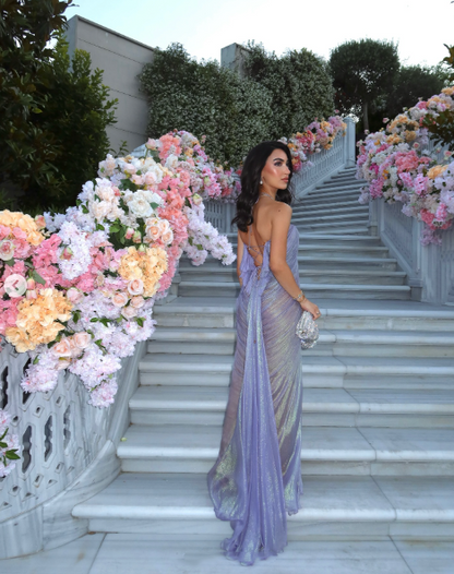 Classy Halter Purple Tulle Pleated Mermaid Long Party Dress Formal Wedding Guest Dress SP1160