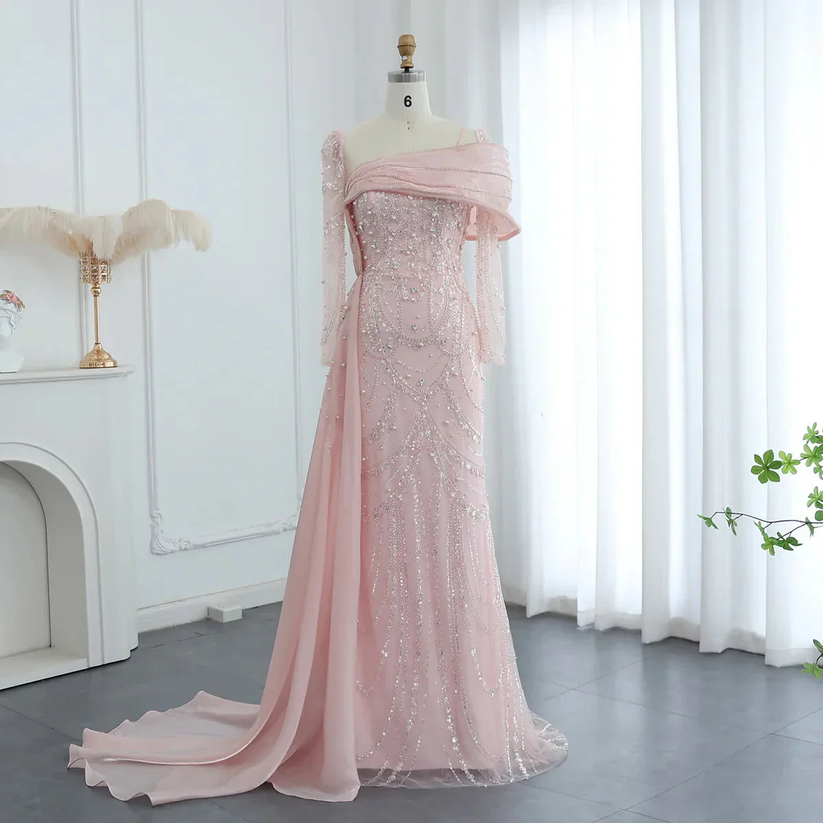 Vintage Shiny Beaded Long-sleeve Mermaid Long Prom Dress Evening Dress TP4565