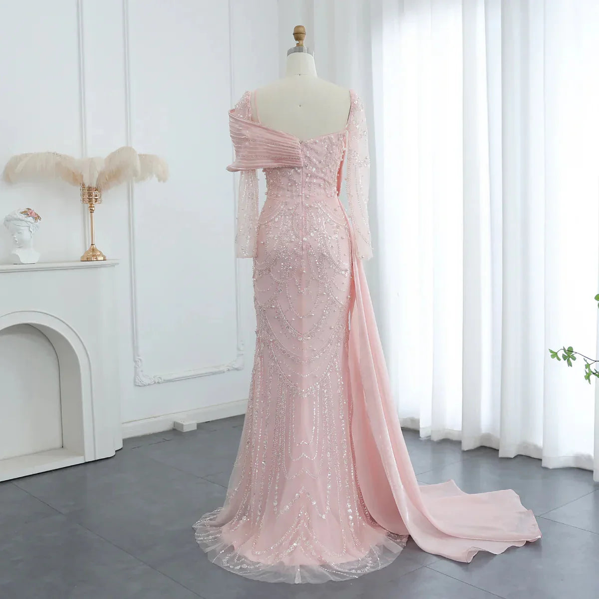 Vintage Shiny Beaded Long-sleeve Mermaid Long Prom Dress Evening Dress TP4565