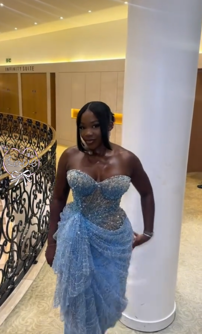 Shiny Strapless Blue Sequin Beaded Sheath Long Party Dress Evening Gown