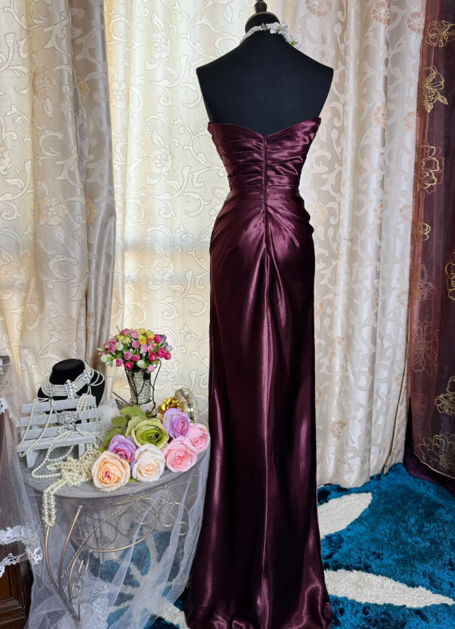 Elegant Burgundy Strapless Satin Pleated Mermaid Long Evening Dress Prom Dresses SP1621
