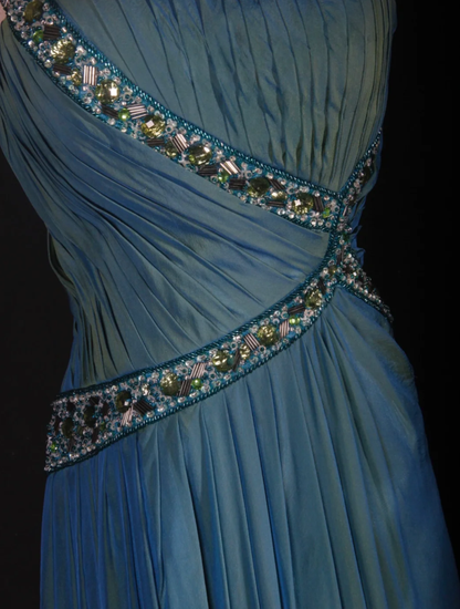 Unique Blue One Shoulder Satin Pleated Beaded Mermaid Prom Dress Long Birthday Evening Gowns