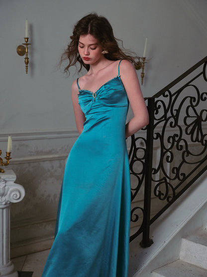 French retro textured satin slim long blue suspender dress holiday dress homecoming dress R5123