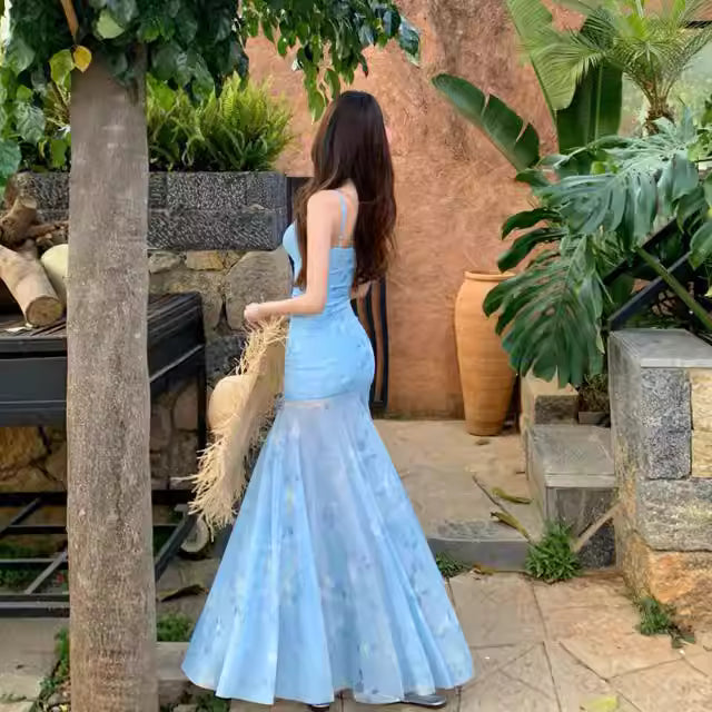 Stylish lace-trimmed spaghetti strap dress, new summer style, waist-cinching, youthful printed mesh fishtail maxi dress  11451