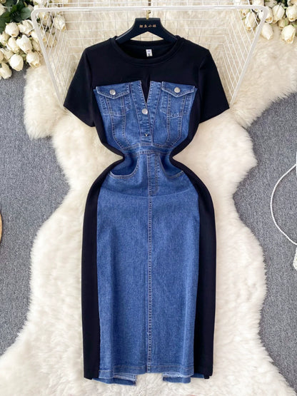 Fashion Design Sense Crew Neck Short Sleeve Patchwork Denim Dress TP2829