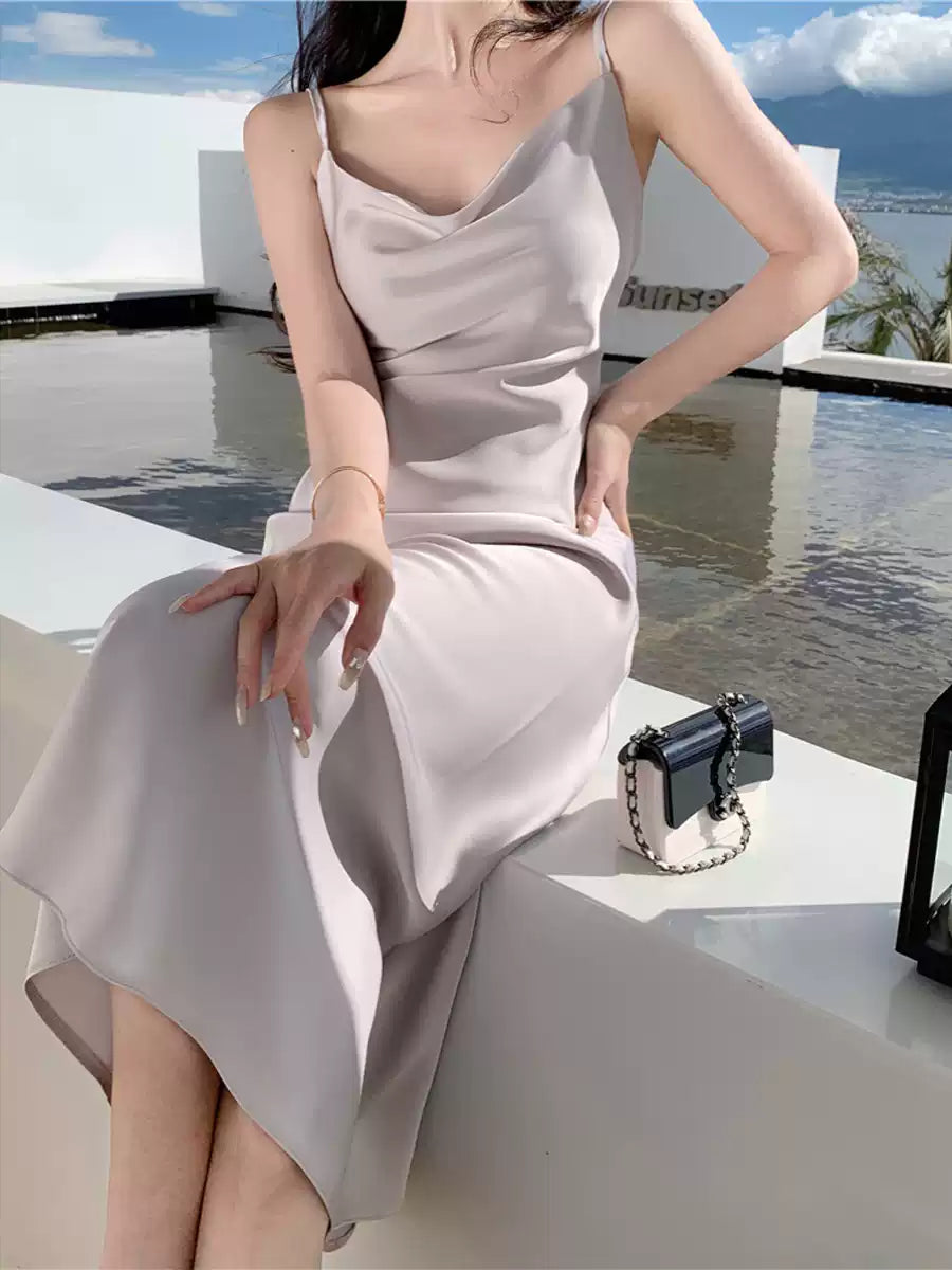 New Fashion Satin Design A-line Sleeveless Spaghetti Strap Dress TP3297