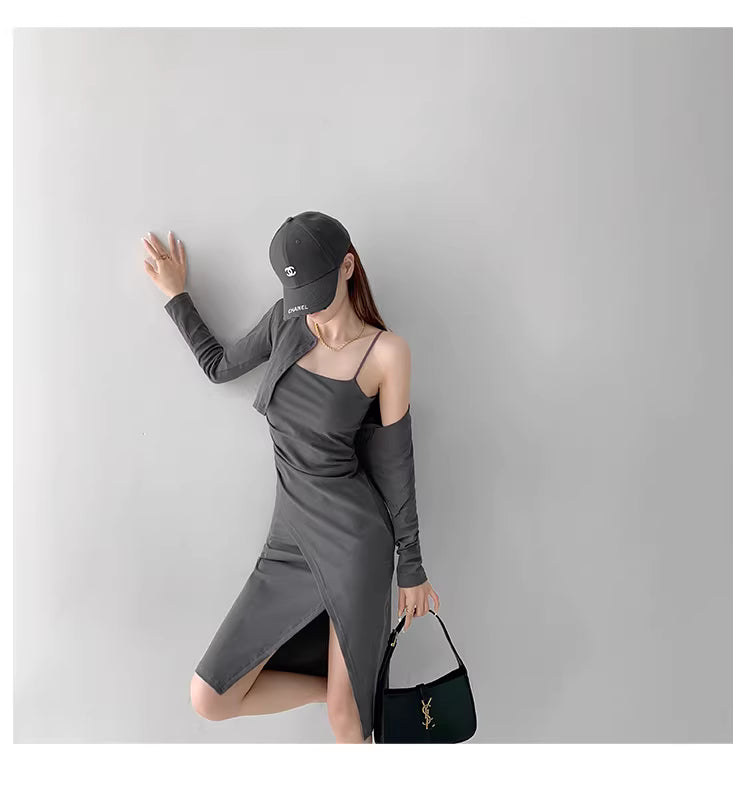 Spring and Autumn Two-Piece Set: Cardigan and Sundress with Pleated Waist and Slit, Layered with Long-Sleeved Shawl 11483